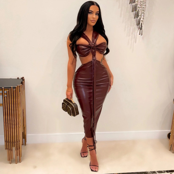 Halter neck tied PU dress Tight faux leather sexy nightclub maxi dress