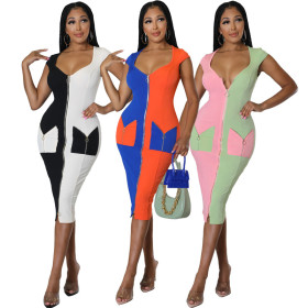 Women's Mid Length Pocket Colorblock Knit Dress U Neck Short Sleeve Bodysuit