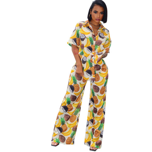 Fashion Lapel Casual Print Short Sleeve Shirt Trousers Beach Suit