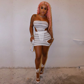 Sexy see-through mesh one-piece wrap chest high waist bag hip slim skirt suit