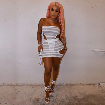 Sexy see-through mesh one-piece wrap chest high waist bag hip slim skirt suit