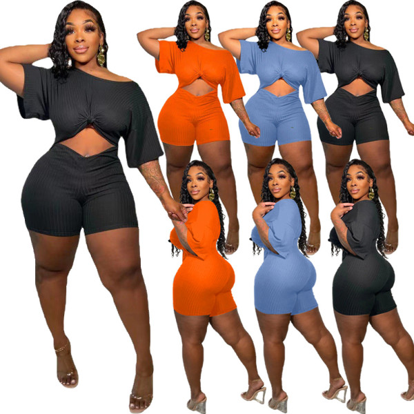 Fashion women's summer sexy hollow solid color pit slanted shoulder jumpsuit