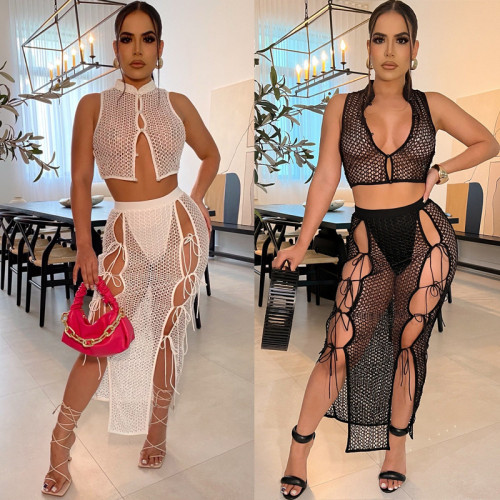Fashionable short vest skirt hollow sexy lace fishnet woven suit skirt