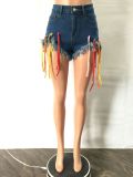 Women's Sexy Eyelet Colored Rope Statement Fringe Denim Shorts