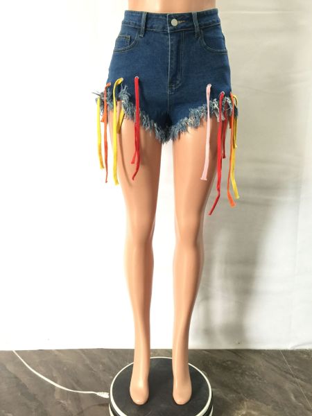 Women's Sexy Eyelet Colored Rope Statement Fringe Denim Shorts