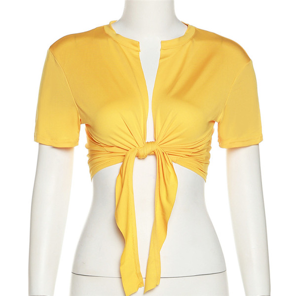 Women's fashion, low-cut, solid color, navel, tight-fitting street style, lace-up cardigan top