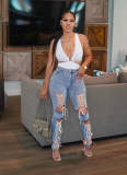 Fashion Eyelet Tie Washed Casual Skinny Sexy Stretch Jeans