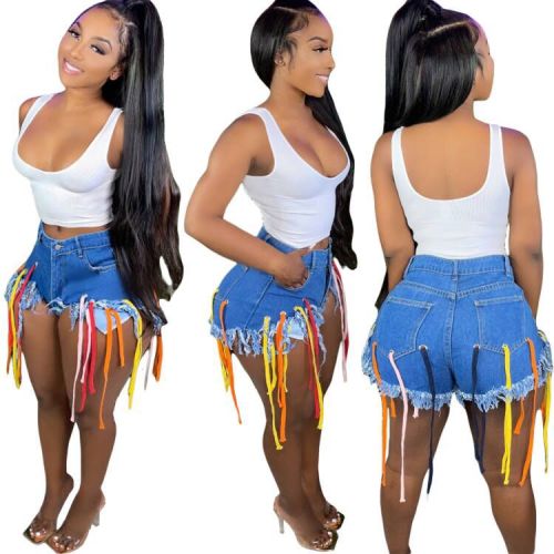 Women's Sexy Eyelet Colored Rope Statement Fringe Denim Shorts