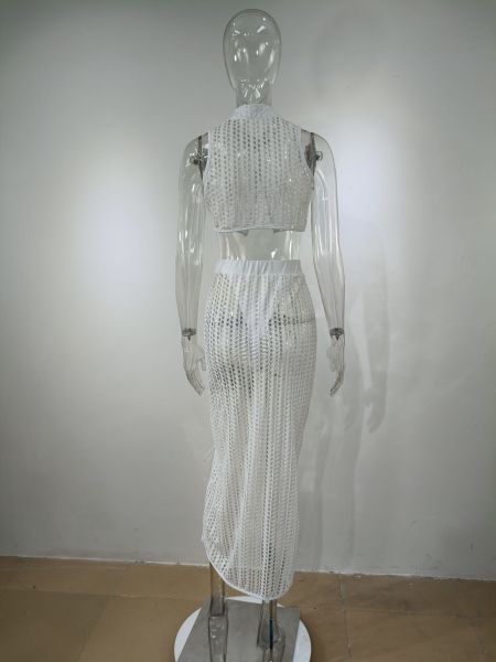 Fashionable short vest skirt hollow sexy lace fishnet woven suit skirt