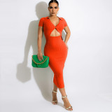 Mid Length Knit Dress Lapel Short Sleeve Skinny Hip Dress