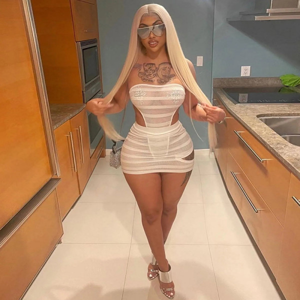 Sexy see-through mesh one-piece wrap chest high waist bag hip slim skirt suit