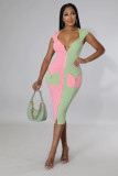 Women's Mid Length Pocket Colorblock Knit Dress U Neck Short Sleeve Bodysuit