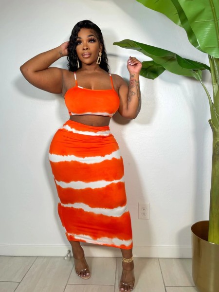 Fashion Print Sexy Camisole Slim Two Piece Dress Women