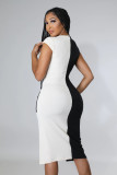 Women's Mid Length Pocket Colorblock Knit Dress U Neck Short Sleeve Bodysuit