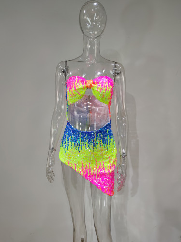 Sexy Nightclub Skinny Cutout Irregular Tube Top Colorful Sequin Dress