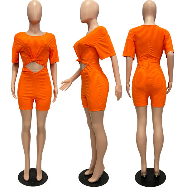 Fashion women's summer sexy hollow solid color pit slanted shoulder jumpsuit