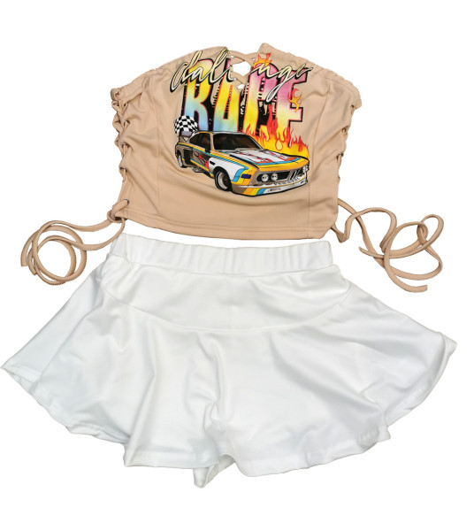 Offset Lace-Up Wrap Top Culottes Two-Piece Set
