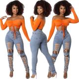 Fashion Eyelet Tie Washed Casual Skinny Sexy Stretch Jeans