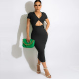 Mid Length Knit Dress Lapel Short Sleeve Skinny Hip Dress