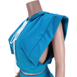 Solid Sport Sleeveless Hoodie Two-Piece Set