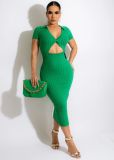 Mid Length Knit Dress Lapel Short Sleeve Skinny Hip Dress