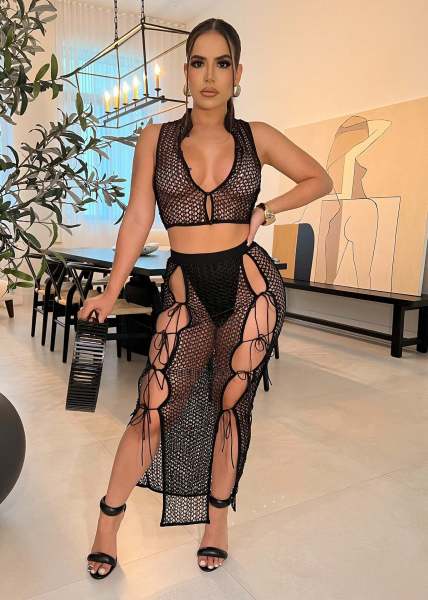 Fashionable short vest skirt hollow sexy lace fishnet woven suit skirt