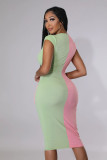 Women's Mid Length Pocket Colorblock Knit Dress U Neck Short Sleeve Bodysuit