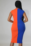 Women's Mid Length Pocket Colorblock Knit Dress U Neck Short Sleeve Bodysuit