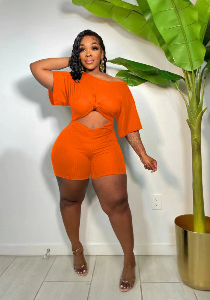 Fashion women's summer sexy hollow solid color pit slanted shoulder jumpsuit