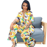 Fashion Lapel Casual Print Short Sleeve Shirt Trousers Beach Suit
