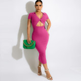 Mid Length Knit Dress Lapel Short Sleeve Skinny Hip Dress