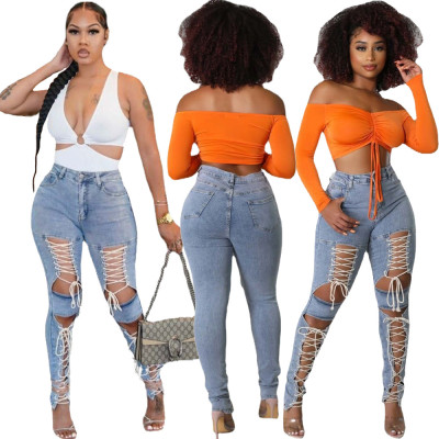 Fashion Eyelet Tie Washed Casual Skinny Sexy Stretch Jeans