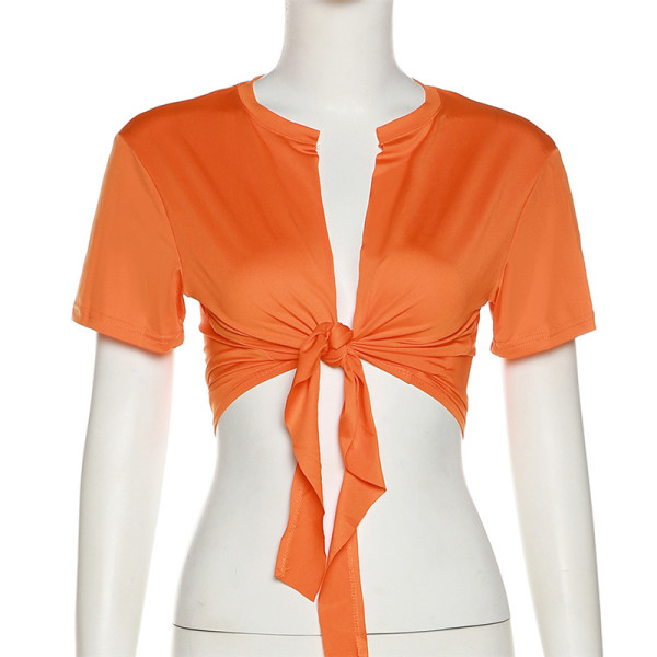 Women's fashion, low-cut, solid color, navel, tight-fitting street style, lace-up cardigan top