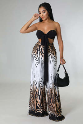 Women's sexy two-piece hot style self-tie strap tube top printed wide-leg trousers suit