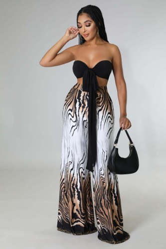 Women's sexy two-piece hot style self-tie strap tube top printed wide-leg trousers suit