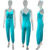 Low cut casual plus size smocked suspender jumpsuit bloomers