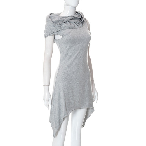 Solid Color Irregular Hooded Sleeveless Hip Pack Casual Dress