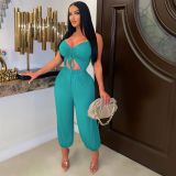 Low cut casual plus size smocked suspender jumpsuit bloomers