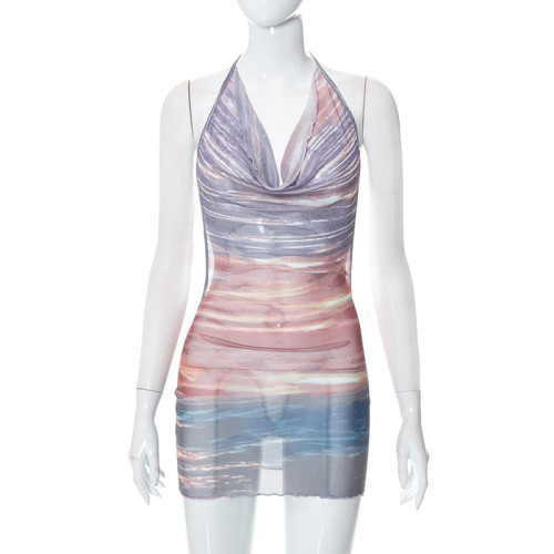 Printed lace-up halterneck open-back mesh mini dress