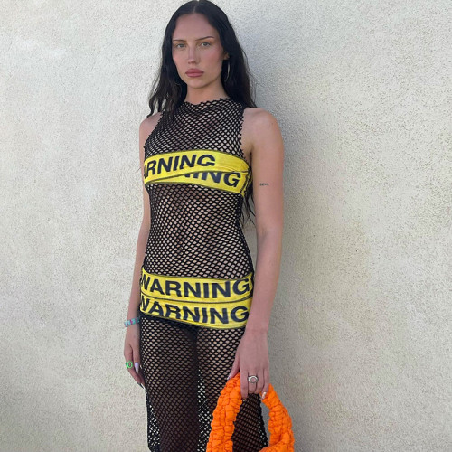 Letter Patch Crew Neck Sleeveless Mesh Sheer Maxi Dress