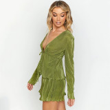 Ruffled T-Shirt Two Piece Solid Color Long Sleeve Tie High Waist Shorts Set