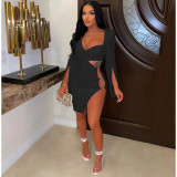 Plus Size Fashion Shoulder Pads Long Sleeves Tight Irregular Slit Dress Nightclub Dress