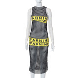 Letter Patch Crew Neck Sleeveless Mesh Sheer Maxi Dress
