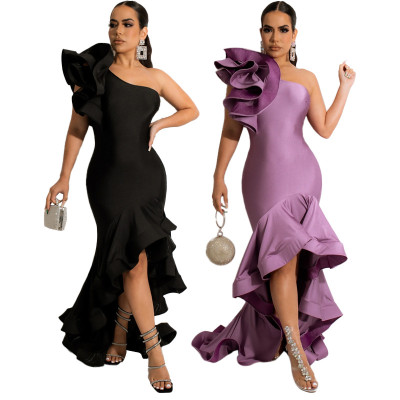 Fashion Sleeveless Sexy Irregular Lace Curling Long Dress High End Evening Dress