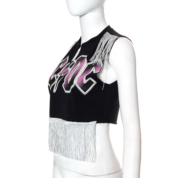 Casual Printed Crew Neck Fringe Slim Fit Sleeveless T-Shirt Top