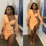 Plus Size Fashion Shoulder Pads Long Sleeves Tight Irregular Slit Dress Nightclub Dress