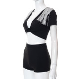 Deep V Cropped Navel Fringe T-Shirt High Waist Casual Skinny Shorts Set
