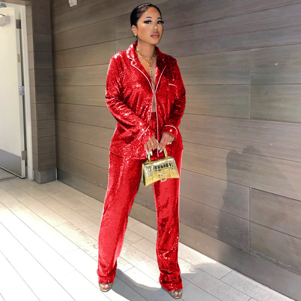 Fashion Suit Shirt Set Sequin Covered Pants Two Piece