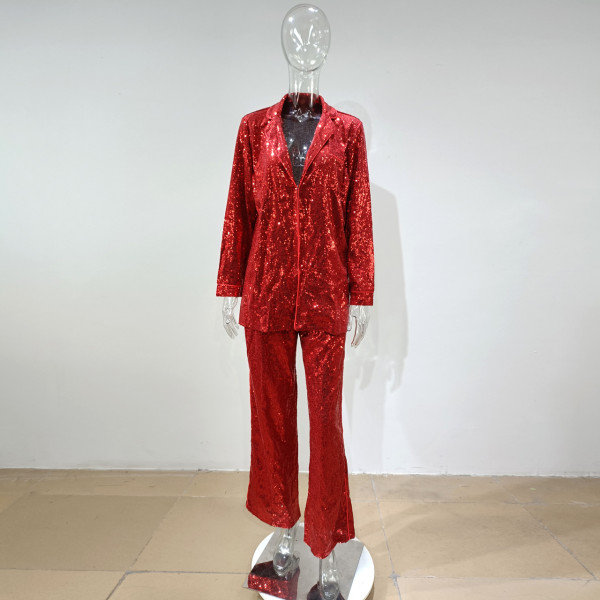 Fashion Suit Shirt Set Sequin Covered Pants Two Piece