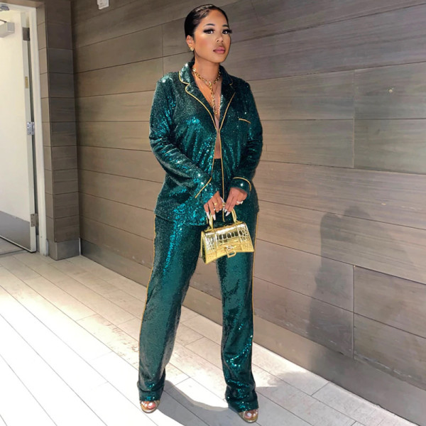 Fashion Suit Shirt Set Sequin Covered Pants Two Piece